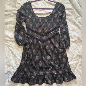 Hollister Black and Grey Floral Long Sleeve Dress